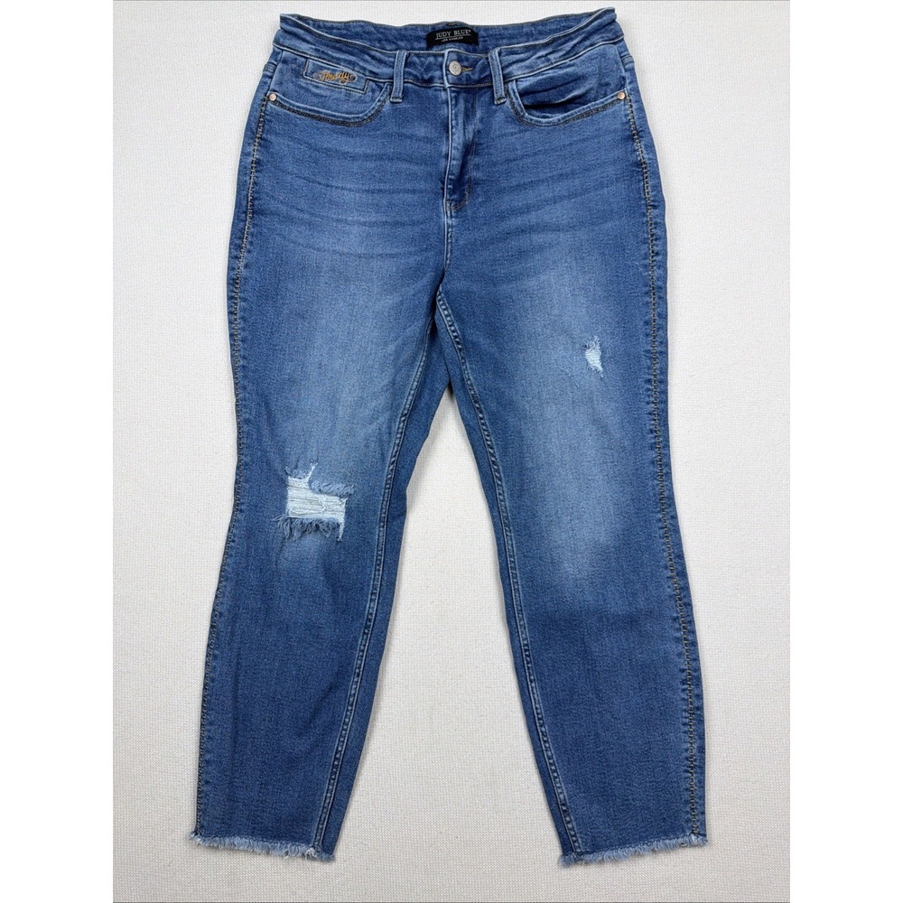 Judy Blue Jeans Women's 14W Boyfriend Distressed Raw Hem Stretch Medium Wash
